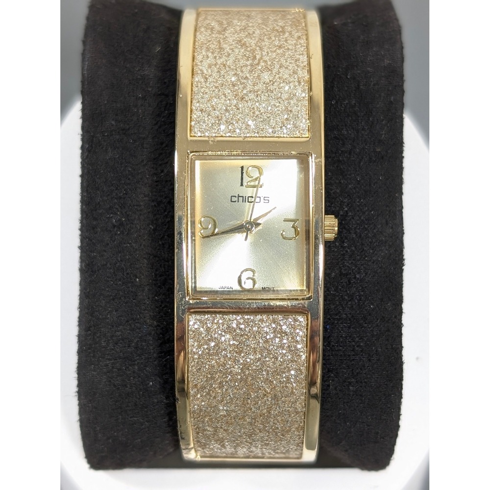 Chico's Gold Glitter Bangle Watch Hinged Cuff Statement Working New Battery 6.5"